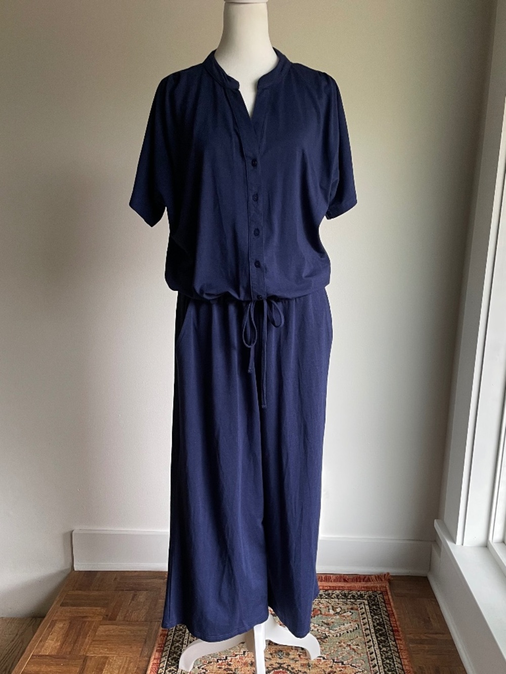 WoolOvers Jumpsuit French Navy Button-through Wide-Leg Romper Travel Lounge L